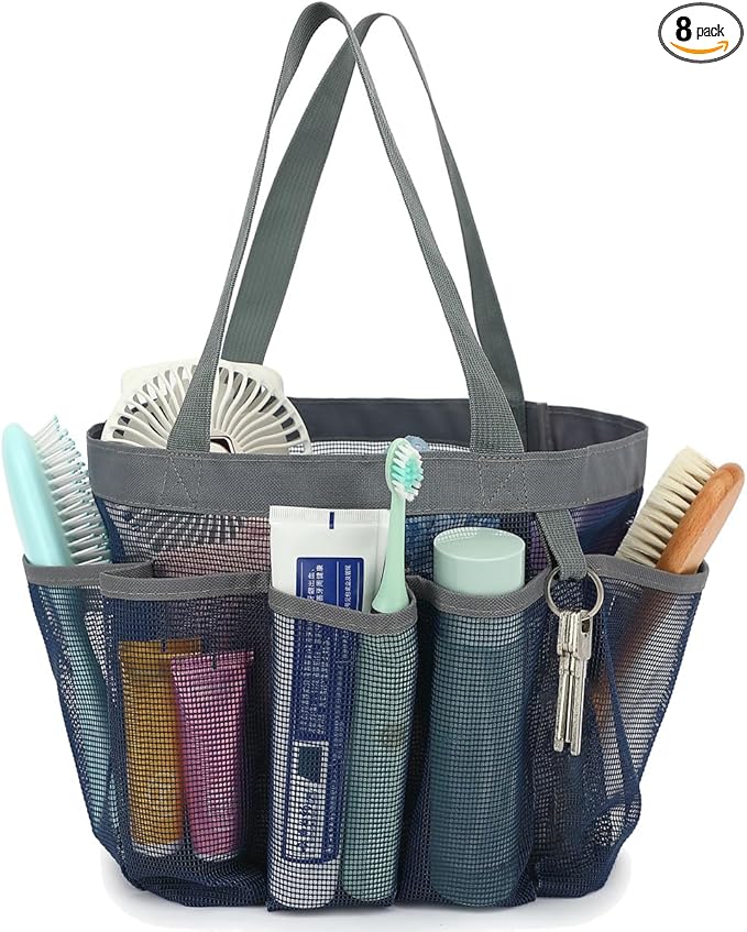 Mesh Shower Caddy Portable for College Dorm Room Essentials, 8-Pocket Large Shower Basket Tote Bag with 2 Handles for Toiletry, Bathroom, Beach, Camp, Gym