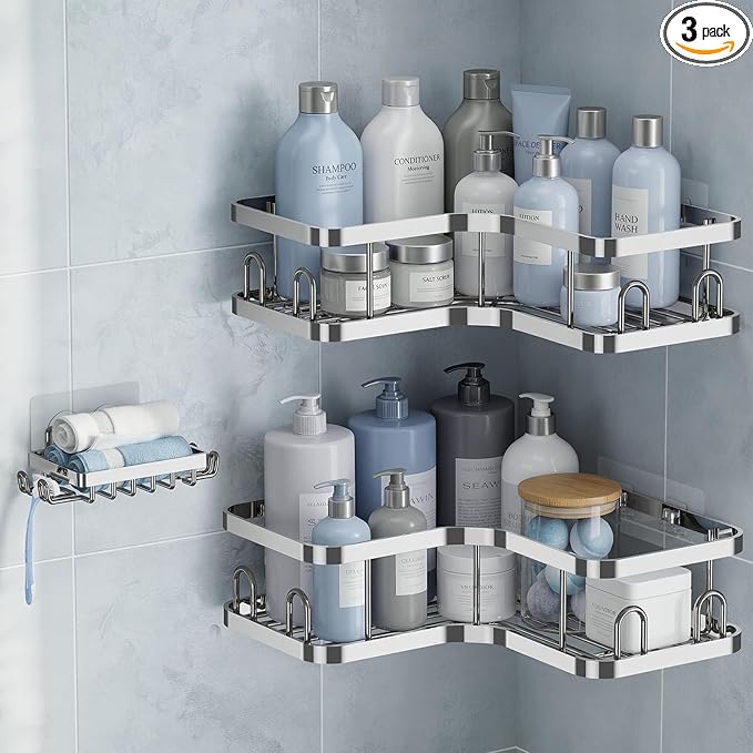 Veken Corner Adhesive Shower Caddy 3-Pack with Soap Holder&Hooks,No Drilling Shower Shelves,Rustproof & Waterproof Bathroom Organizers and Storage,Rack for Small Spaces, Kitchen&Rental-Friendly,Silver
