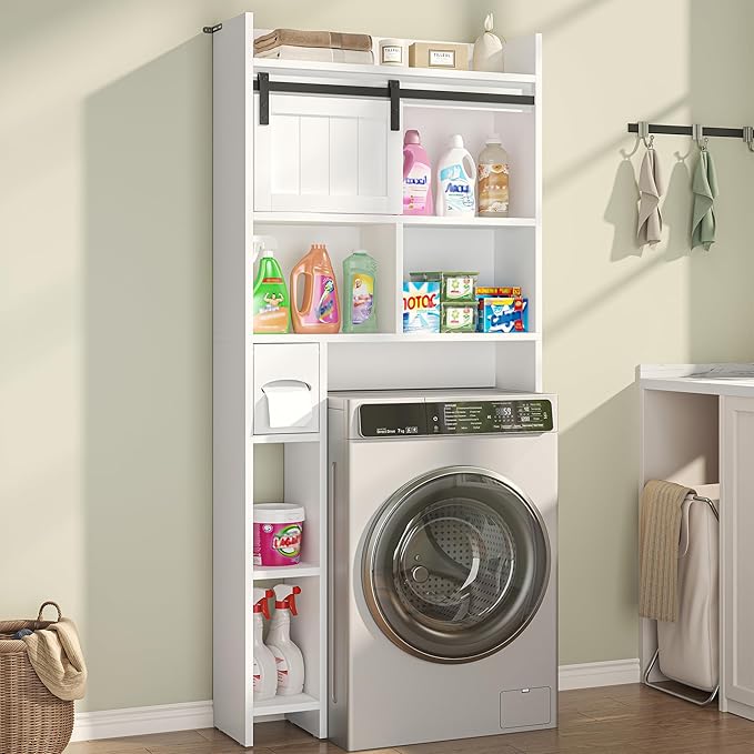Semoic Over The Toilet Storage Cabinet, Over The Toilet Shelf with Sliding Door & Toilet Paper Holder Stand, Bathroom Above Toilet Storage, Home Space-Saving Toilet Rack for Bathroom, Restroom,White