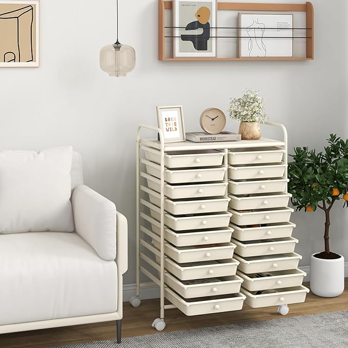COSTWAY 20-Drawer Rolling Storage Cart, Utility Storage Organizer Cart for Tools, Scrapbook, Paper, Craft, Multipurpose Storage Trolley on Wheels for Home Office School, Ivory White