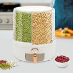 Rice Dispenser, 6 Grid 360° Rotating Cereal Dispenser Rice Container Holder with Lid, Grain Storage Organizer for Kitchen Countertop Dry Food, White, 14.3lbs