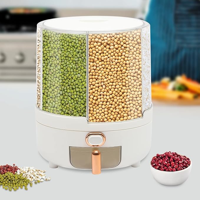 Rice Dispenser, 6 Grid 360° Rotating Cereal Dispenser Rice Container Holder with Lid, Grain Storage Organizer for Kitchen Countertop Dry Food, White, 14.3lbs