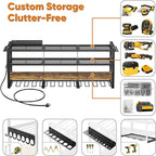 49.5" W Large Power Tool Organizer with Charging Station, 4 Layer Heavy Duty Utility Rack Loads 800lbs, Holds 8 Cordless Drills, Wall Mount Tool Shelf with 8-Outlet Power Strip, Gift for Men