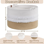CherryNow Large Wicker Laundry Basket for Entryway, Bedroom, Jute Decorative Baskets for Clothes, Toys, Towel Basket for Bathrooom, 22 x 14 inches, 83L