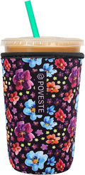 Reusable Neoprene Insulator Sleeve for Iced Coffee & Cold Soda, Coffee Sleeves for Iced & Hot Drinks, Cold Beverage Cooler Compatible with Starbucks, Dunkin (Purple Garden, Medium: 22-24oz)
