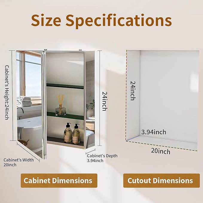 BEAUTYPEAK Bathroom Medicine Cabinet Mirror with Storage, 20 Inch x 24 Inch Silver Medicine Cabinet with Single Door & Adjustable Shelves for Vanity, Tempered, Aluminum Surface, Wall-mount or Recessed