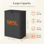 Lifewit 185L Large 3 Section Laundry Hamper with Lid, Plastic Laundry Basket with Bamboo Handles and Removable Bags, Tall Foldable Clothes Hamper for Bathroom Bedroom, Black