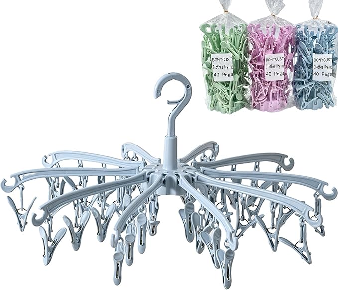 Foldable Drying Rack with 40 Clips for Drying Socks Lingerie Baby Clothes Drying Towels Rotatable Sock Drying Rack (Blue)