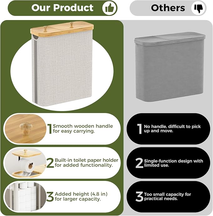 42L Toilet Paper Basket with Bamboo Lid, Toilet Paper Storage with Toilet Paper Holder & Non-Slip Mat for Bathroom Organizer, Holds up to 19 Regular Rolls or 14 Mega Rolls, Collapsible & Stackable