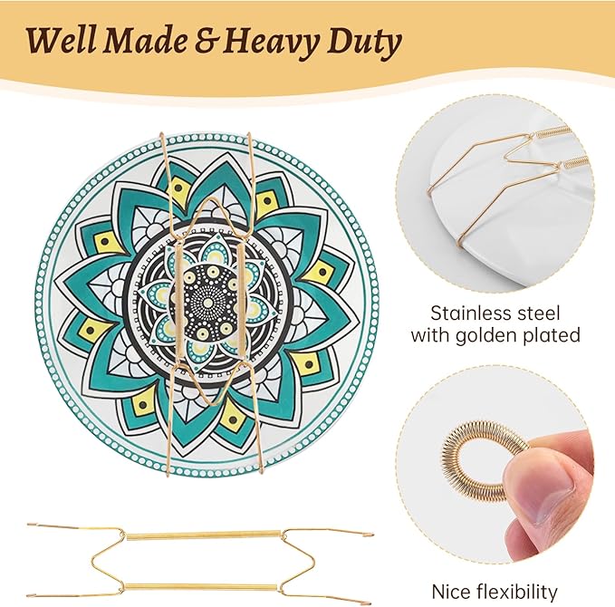 2 Pack Plate Hangers for Wall, Suitable for 6-8 inch Art Plate, Stainless Steel Invisible Heavy-Duty Wire Plate Holder with Wall Hooks, Display Hanger for Decorative Plates/Dishes/Platters(Gold)