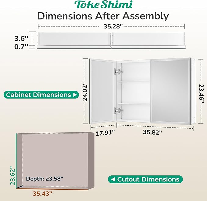 TokeShimi 36 x 24 Medicine Cabinet for Bathroom with Mirror, Assembly Required, Wall Mounted Medicine Cabinet with Tempered Beveled Mirror, Stepless Adjustable Shelves, DTC Hinge