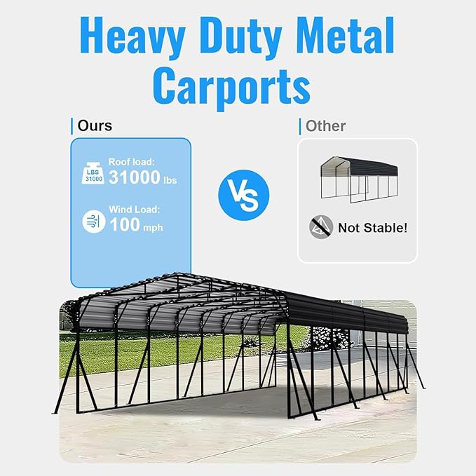 20x40FT Metal Carport, Heavy Duty Car Port Canopy with Metal Roof and Frame, Extra Large Carports Withstand Strong Wind or Heavy Rain, Suitable for Parking Pickup, Boat, Car, and Tractor