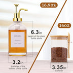 Coffee Bar Accessories, Coffee Syrup Dispenser-2 Pcs16.9 oz, Syrup Pump Dispenser for Coffee Bar, with Glass Bamboo Lid Jar with Spoon, Gold Pump Syrup Dispenser with Labels