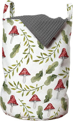 Ambesonne Mushroom Laundry Bag Pack of 2, Watercolor Pattern Green Leaves Forest Elements Botanical Woodland Theme, Hamper Basket with Handles Drawstring Closure, 13" x 19", Green Ruby