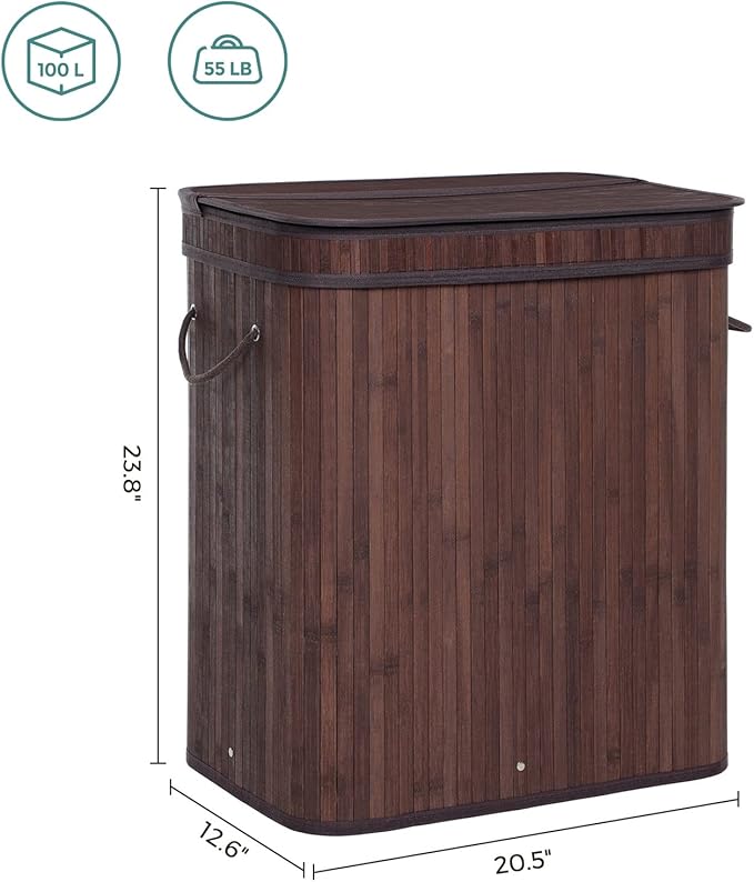 SONGMICS Laundry Hamper with Lid, Bamboo Launry Basket with Handles, Foldable Storage Basket for Laundry Room, Bedroom, 100L, Brown ULCB063K02