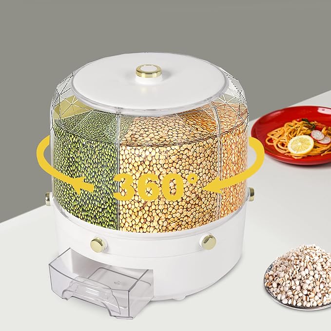 360° Rotating Grain Dispenser, Countertop 6 Compartment Dry Food Storage Containers Rice Storage Container Kitchen Airtight Food Storage Kitchen Countertop Organizer for Small Grains Beans