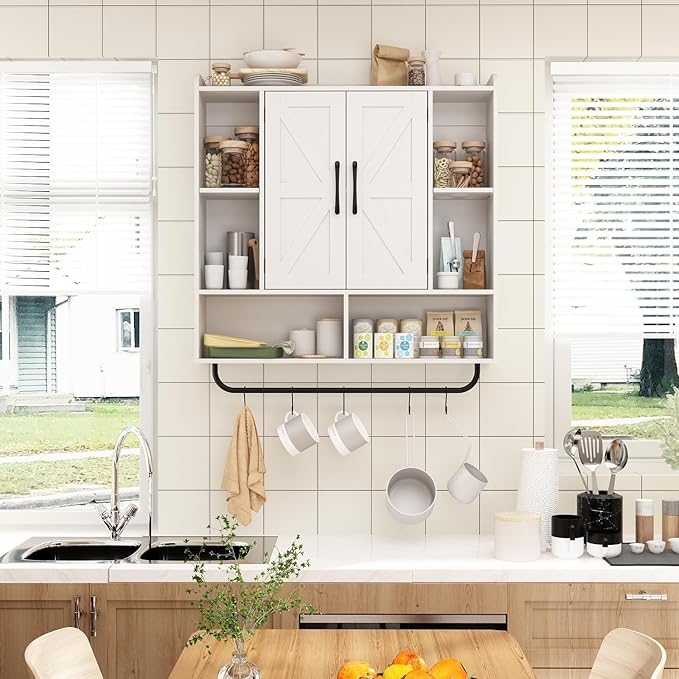 RUSTOWN Rustic Wood Wall Bathroom Cabinet, Farmhouse Medicine Cabinet Wall Mounted, Space Saving Wall Storage Cabinet with 2 Barn Door, 3-Tier Adjustable Shelves and Towel Bar (White)