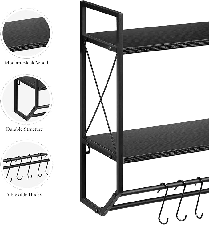 Bath Towel Shelf 2 Tier Towel Rack Wall Mount Towel Holder with Shelf Bathroom Shelves with Towel Bar and Hooks Industrial Wall Shelf Over Toilet for Towel Tissue Storage Organizer, Modern Black