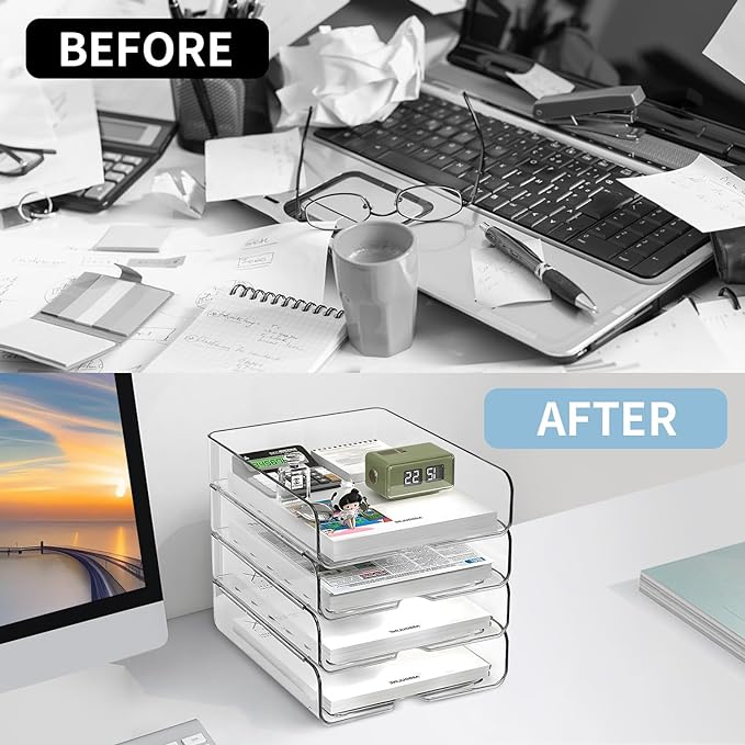 4-Tier Paper Organizer for Desk, Stackable Desk Organizer Paper Tray, Ideal for Office Supplies, A4 Storage (Clear, 4-Tier)