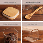 Set of 4 Square Glass Jar with Bamboo Lids and Spoons – Airtight 27 oz Borosilicate Glass Food Storage Contaienrs with 132 Kitchen Pantry Labels for Coffee, Tea, Sugar