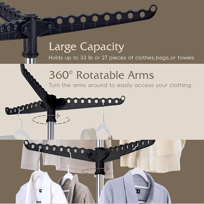 Beaudaily Clothes Drying Rack, Foldable 74.8-Inch Laundry Drying Rack, Indoor 2 Tier Drying Rack Clothing with Rotatable Arms, Stainless Steel, Holds 54 Pieces, Space Saving, Black and Silver