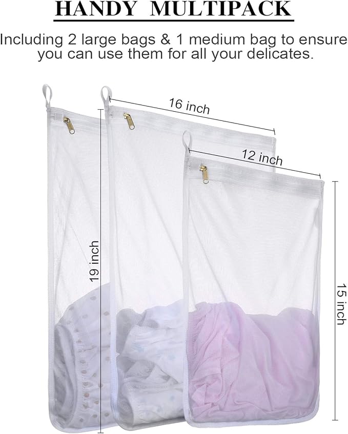 Fine Mesh Laundry Bags for Delicates, 3 Pack (2L+1M) Reusable Wash Bags with Sturdy Zippers, Durable Net Washing Bags for Lingerie, Bra, Sock, Underwear, Baby Clothes, Travel Organizer
