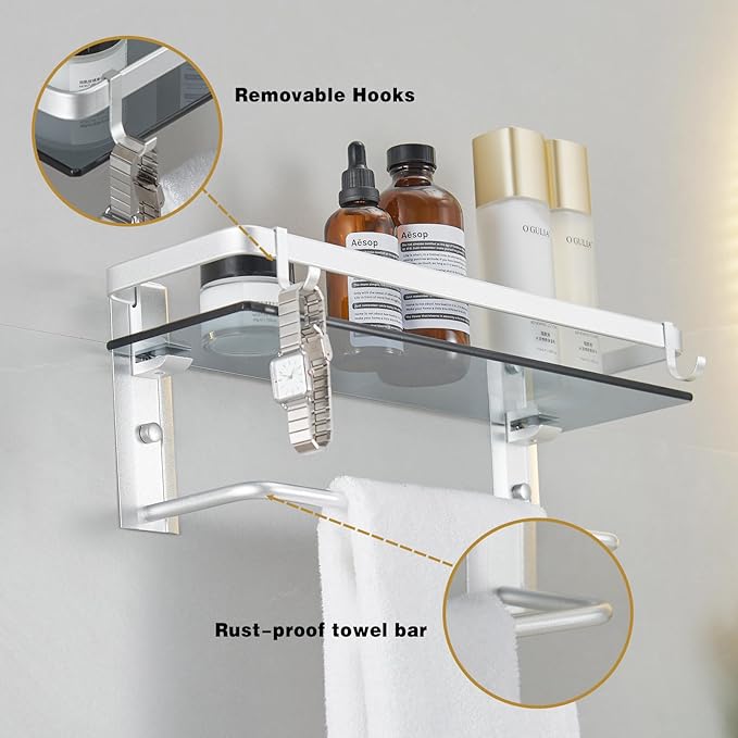 VOLPONE Glass Shelf for Bathroom 15.7 in Bathroom Shelves with Towel Bar Tempered Glass Shelves with 4 Removable Hooks for Wall（2 Tier）