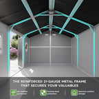 10x8 FT Resin Plastic Shed with Floor, Heavy-Duty 21-Gauge Reinforced Steel Frame, 16mm Ultra-Thick Panels, Outdoor Storage Sheds with Awning Windows and Air Vents