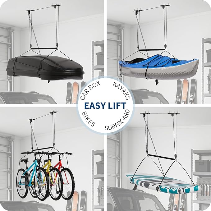 Cargo Box Garage Pulley System, Heavy Duty Ceiling Hoist for Rooftop Cargo Boxes & Large Storage Bins, 150 Lb Capacity, Fits 8–10 ft Garage Ceilings, Adjustable Straps & Dual Anchor Design