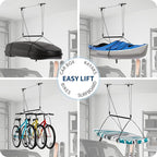 Cargo Box Garage Pulley System, Heavy Duty Ceiling Hoist for Rooftop Cargo Boxes & Large Storage Bins, 150 Lb Capacity, Fits 8–10 ft Garage Ceilings, Adjustable Straps & Dual Anchor Design
