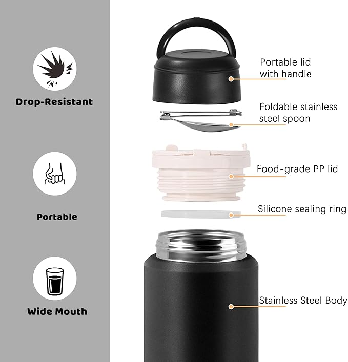 Thermo for Hot & Cold Food, 17oz Insulated Food Jar with Handle Spoon, Thermal Lunch Container, 316 Stainless Steel Lunch Box for Men Women, Keeps food Hot for 12 Hours or Cold for 24 Hours(Black)