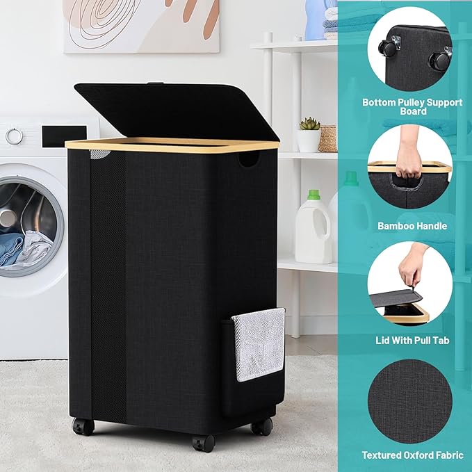 BlissTotes Laundry Basket Laundry Hamper with Lid, Collapsible Slim Laundry Hampers, Laundry Bin, Clothes Hamper Basket with Internal Support & Wheels & Handles for Bathroom, Bedroom (75L, Black)