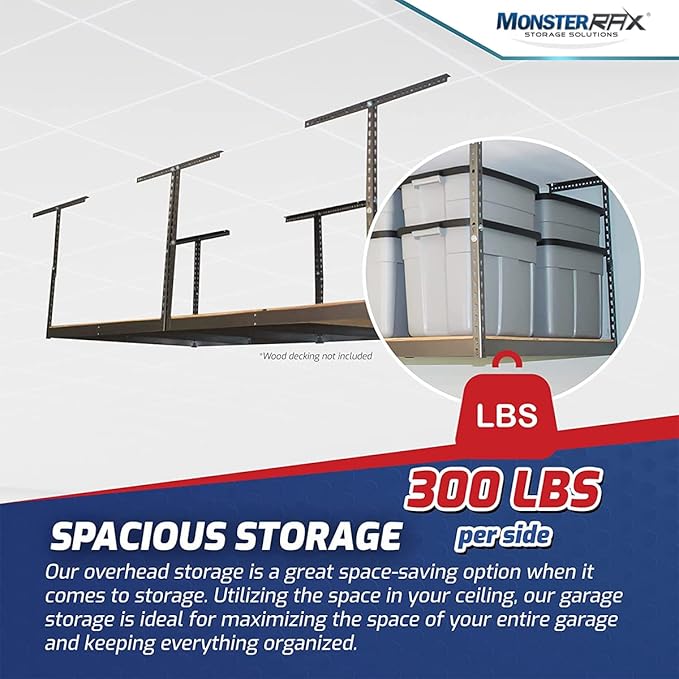 MonsterRax 4x8 Overhead Storage Rack Frame Kit - Hanging Storage Shelves, Ceiling Storage Rack System, Overhead Garage Organizers - (White, 12"-21")