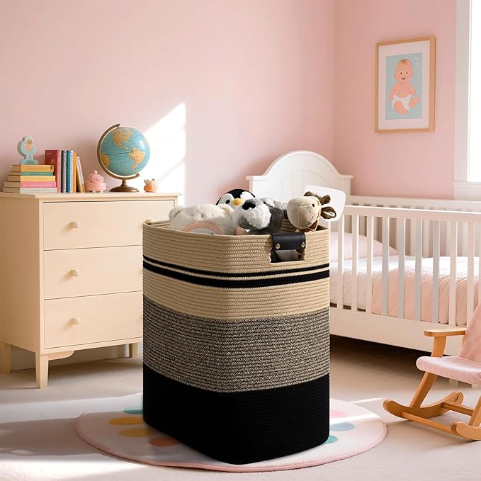 Laundry Hamper, 85L Tall Laundry Basket with Leather Handles, Rectangle Large Clothes Hamper for Organizing, Cotton Woven Laundry Baskets Storage Hampers for Bedroom, Nursery, Living Room