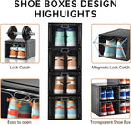 12 Pack Large Shoe Storage Box, Clear Shoe Storage Organizer with Magnetic Door, Stackable,Shoe Containers For Display Sneakers, Easy Assembly, Fit up to US Size 12, Black
