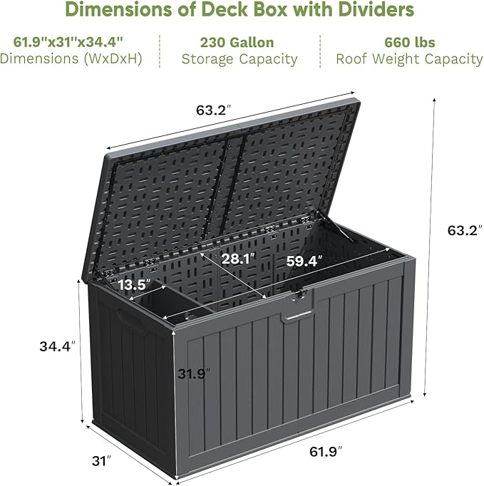 Patiowell 230 Gallon Large Outdoor Storage Box, Waterproof Deck Box with Fixed Divider, Lockable and Durable Patio Storage Solution for Patio Furniture and Garden Tools, Black