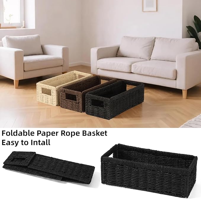 Paper Rope Storage Basket for Organizing, 2 Pack Foldable Wicker Storage Baskets with Handle,Decorative Large Storage Bins for Bathroom Countertop,Small Toilet Paper Basket for Toilet Tank Top
