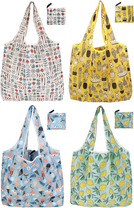 Reusable Foldable Shopping Bags, 4 Pack - Lightweight And Compact, Grocery Totes With Summer Patterns, Machine Washable And Durable, Ideal For Groceries, Travel, And Daily Use