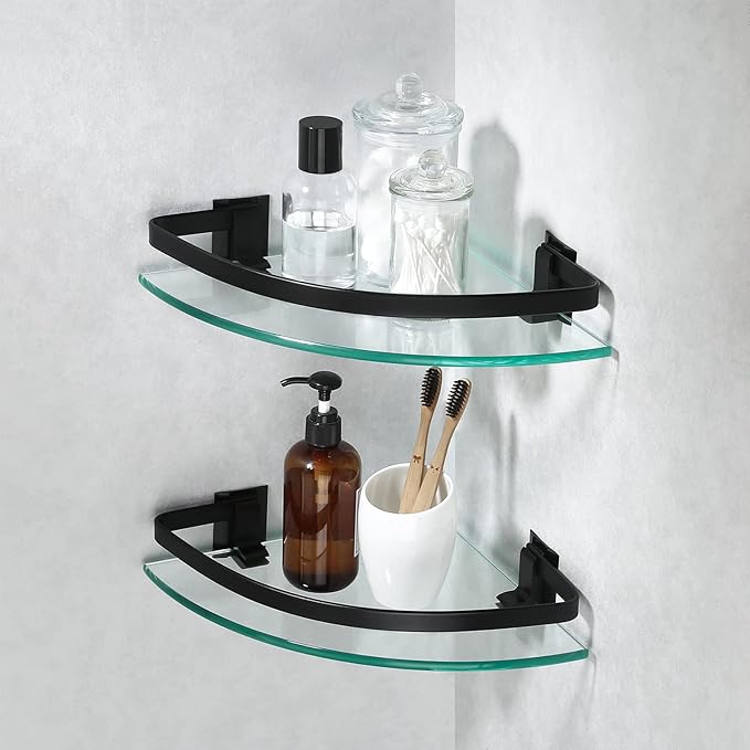 KES Bathroom Tempered Glass Shelf with Rail Extra 8 MM-Thick 2 Pack Aluminum Corner Triangle Storage Organizer Wall Mount Black, A4120A-BK-P2