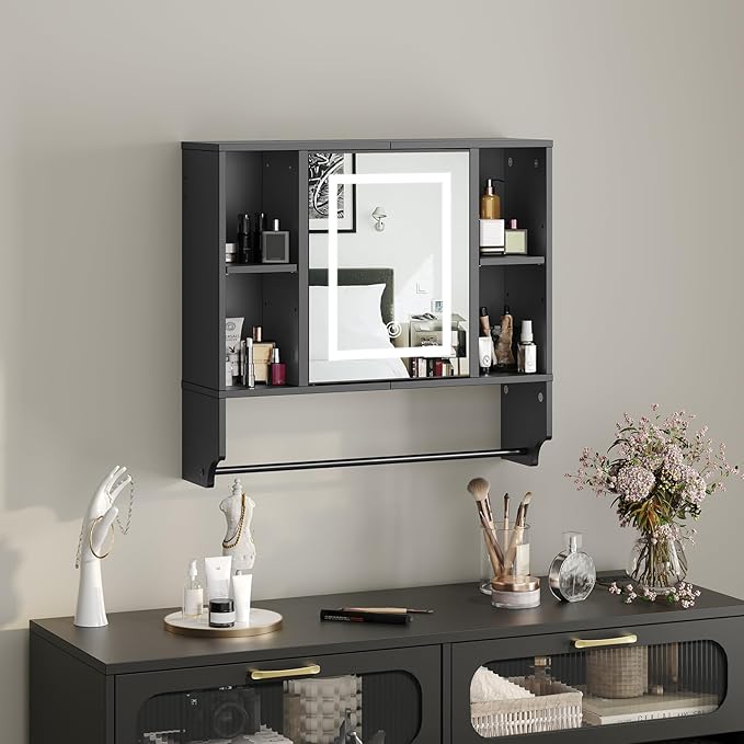 Bathroom Wall Cabinet with Mirror, Wall Mounted Medicine Cabinet with Color Adjustment LED Lights, Mirrored Over The Toilet Storage Cabinet with Adjustable Shelves, 23.6''W x 21.6''H, Black