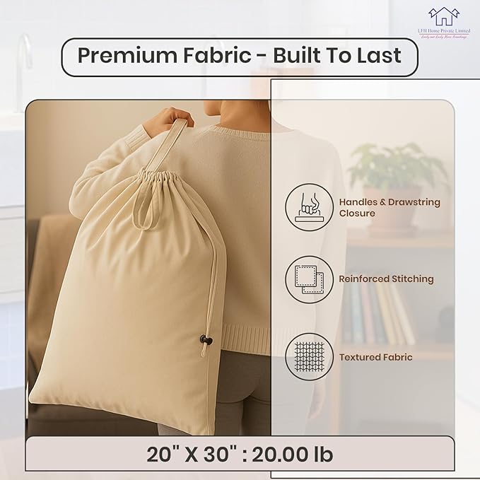 LFH Home Large Premium 100% Cotton Canvas Laundry Bag with Drawstring and Handles Heavy Duty, Multi-Use, and Washable for Home, Travel, College or Storage 20x30 (Pack of 6)-Natural