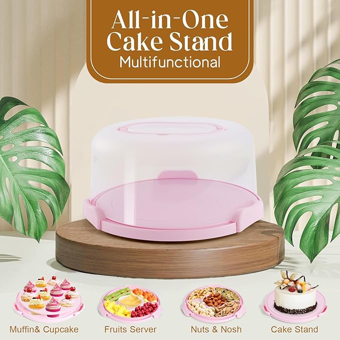 Cake Container - Cake Carrier with Lid and Handle， BPA-Free Cake Holder for 10 inch Cake with 2 Handles Cupcake Carrier - Plastic Cover Two Sided Base for Transport Pies Nuts Fruit Perfect Gifts