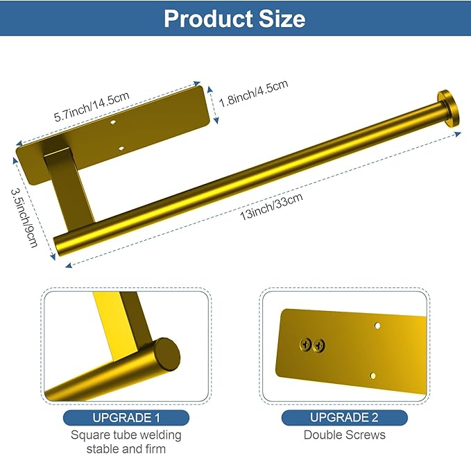 Paper Towel Holder Under Cabinet, Gold Adhesive Paper Towel Holder Wall Mount for Kitchen, Bathroom, RV, Bend-Resistant, Self-Adhesive or Drill mounting, Stainless Steel, 2 Pack