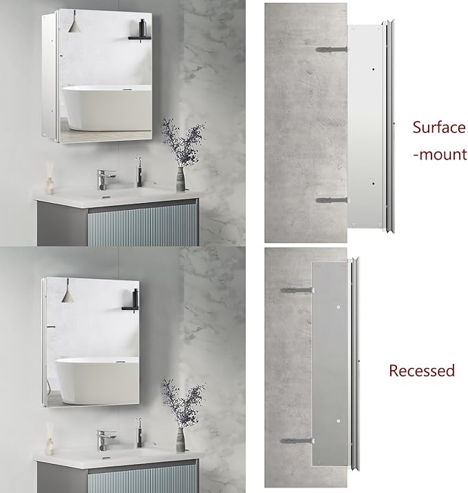 Aluminum Medicine Cabinet with Mirror, 20x20 Inch Mirror Cabinet, Assembly Needed, Recessed/Wall Mount, 3 Adjustable Tempered Glass Shelves, Bathrroom Medicine Cabinet, Reversable Door