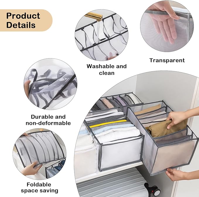 TIGARI Wardrobe Clothes Organizer, Drawer Organizers for Clothing, Closet Storage Organizer, Dresser Drawer Organizers for Thin Jeans, Trousers, T-shirts, Skirts (Gray,3 Pcs Large)