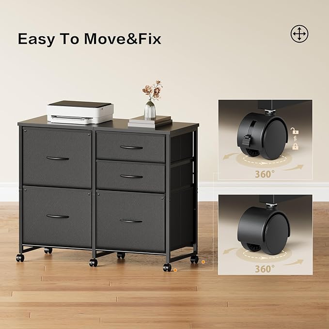 Lateral File Cabinet with 5 Drawers Rolling Filing Cabinets Under Desk Storage Printer Stand with Wheels,Mobile File Cabinet for Home Office,Black