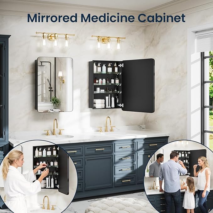 Medicine Cabinet 16x24 Inch, Aluminum Bathroom Mirror Cabinet with Storage, Recessed or Surface Mount, Black Vanity Storage Unit with 3 Anti-Tip Adjustable Acrylic Shelves, Soft Close Hinge