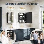 Medicine Cabinet 16x24 Inch, Aluminum Bathroom Mirror Cabinet with Storage, Recessed or Surface Mount, Black Vanity Storage Unit with 3 Anti-Tip Adjustable Acrylic Shelves, Soft Close Hinge