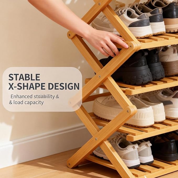 2/3/4/5/6/7/8/9 Tier Bamboo Folding Shoe Rack,2026 New Bamboo Foldable Shoe Rack,no Installation Required,Vertical Multi-Layered Organizer,Space-Saving for Entryways& Balconies (Primary Color, 5)