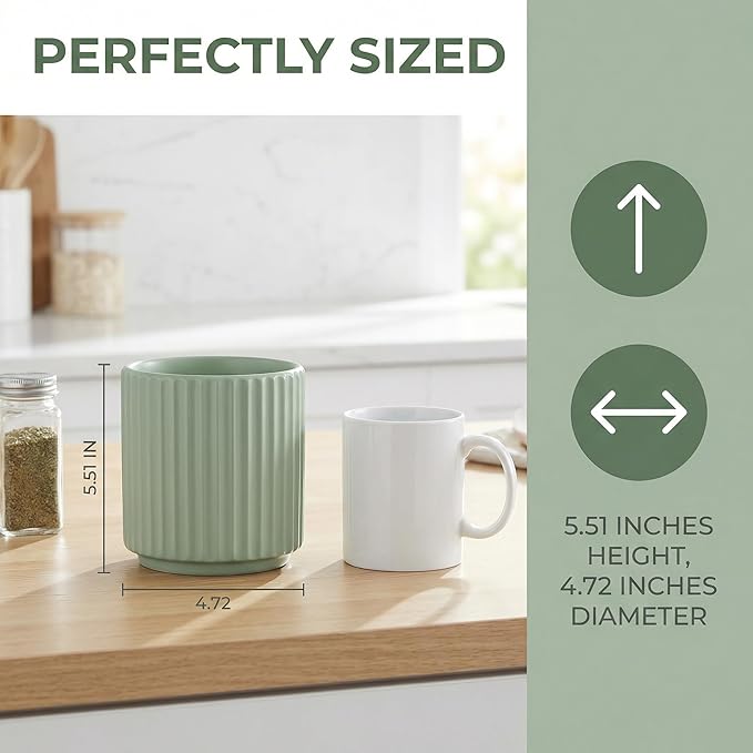 Small Utensil Holder for Kitchen Counter (H5.51” x W4.92”), Countertop Utensil Holder for Kitchen Ceramic, Utensils Crock for Countertop, Includes Silicone Drying Mat, White